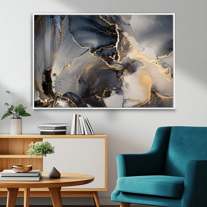 24068-MGV-FC-36X24_White-Luxury Abstract Wall Art – Gold & Gray Fluid Ink Painting Canvas, Modern Metallic Home Decor, Elegant Office or Living Room Accent