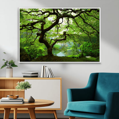18094-MGV-FC-36X24_White-Emerald Canopy Wall Art – Panoramic Lush Green Tree Canvas Print, Serene Nature Decor for Office, Living Room or Meditation Space