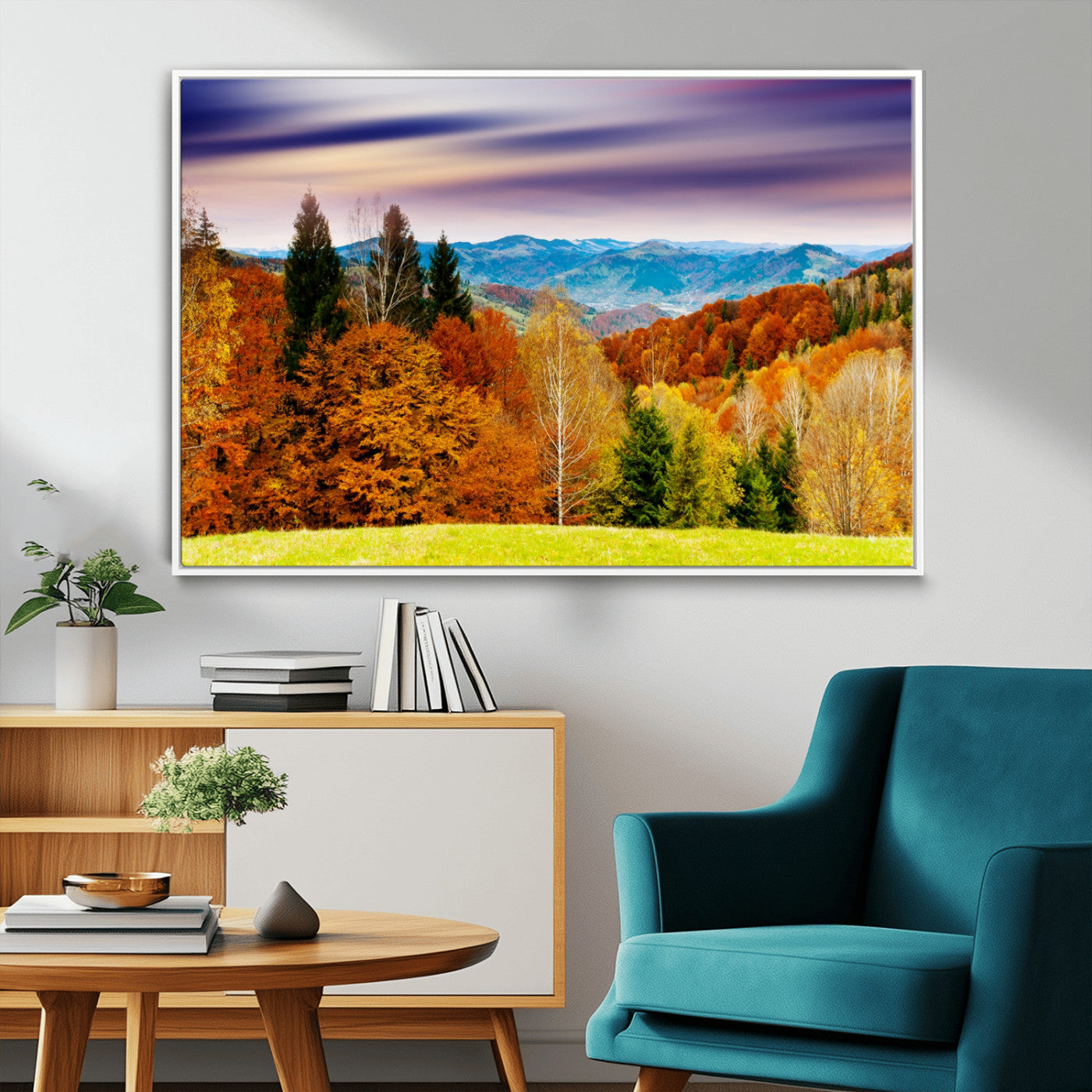 58007-MGV-FC-36X24_White-Autumn Mountain Landscape Wall Art – Stunning Fall Forest Canvas Print, Cozy Nature Decor for Home or Office