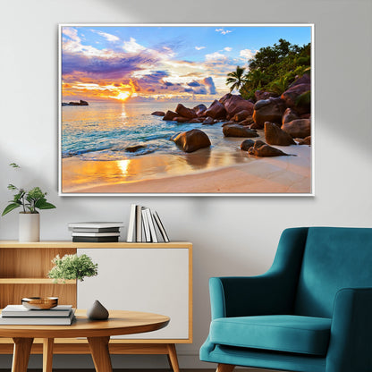 43209-MGV-CV-36X24-Tropical Beach Sunset Wall Art – Golden Ocean Waves and Palm Trees with Rocky Shore Canvas Print, Coastal Seascape Decor for