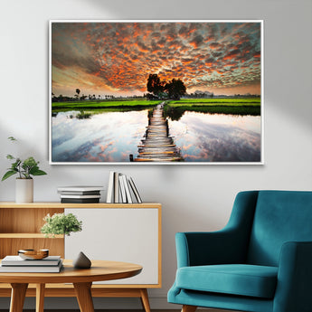29105-MGV-FC-36X24_White-Rustic Wooden Bridge Wall Art – Scenic Sunset Over Rice Fields and Reflective Water Canvas Print, Nature Landscape Decor for
