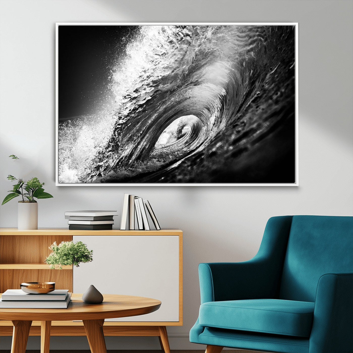 22702-MGV-CV-36X24-Black and White Ocean Wave Wall Art – Powerful Surf Curl Photography Canvas Print, Modern Coastal Decor for Living Room, Office or
