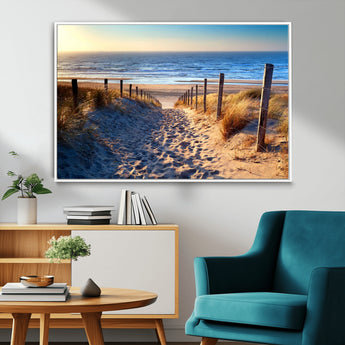 31889-MGV-CV-36X24-Sandy Beach Pathway Wall Art – Coastal Dune Fence and Ocean View Canvas Print, Relaxing Seaside Landscape Decor for Living Room or