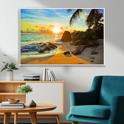 26181-MGV-CV-36X24-Golden Tropical Sunset Beach Wall Art – Ocean Canvas Print with Palm Trees and Rocks, Coastal Paradise Decor for Living Room or