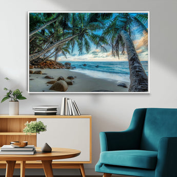 39679-MGV-CV-36X24-Tropical Palm Beach Wall Art – Serene Ocean Canvas Print with Palm Trees and Rocks, Coastal Paradise Decor for Living Room or