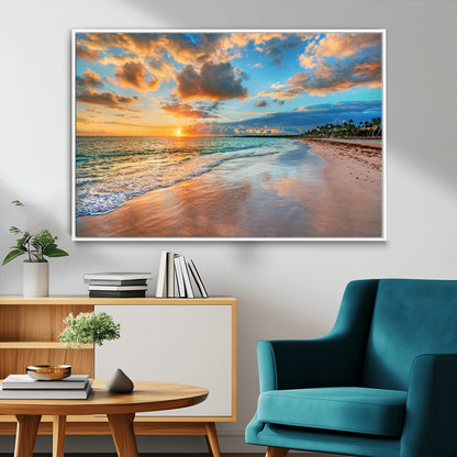41572-MGV-CV-36X24-Sunset Beach Wall Art – Ocean Waves and Palm Trees Canvas Print, Tropical Coastal Sunset Seascape Decor for Living Room, Bedroom