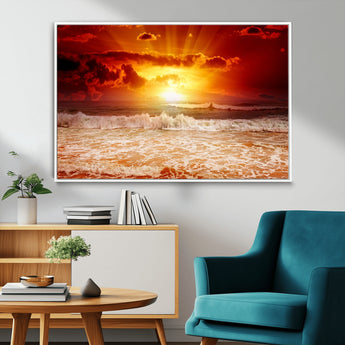 60211-MGV-CV-36X24-Fiery Sunset Ocean Wall Art – Red Sky Seascape Canvas Print with Waves, Bold Coastal Sunset Decor for Living Room or Bedroom