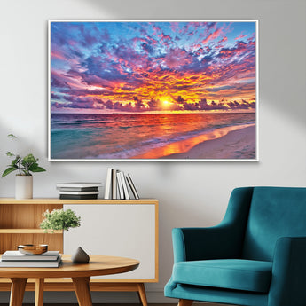 72836-MGV-CV-36X24-Fiery Sunset Beach Wall Art – Panoramic Vibrant Ocean Canvas Print, Dramatic Coastal Decor for Living Room, Bedroom or Office