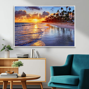 19917-MGV-CV-36X24-Tropical Sunset Beach Wall Art – Panoramic Palm Trees and Ocean Canvas Print, Vibrant Coastal Decor for Living Room, Office or Man