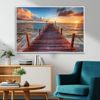 28836-MGV-CV-36X24-Ocean Pier Sunset Wall Art – Wooden Dock and Golden Horizon Canvas Print, Coastal Seascape Photography for Living Room, Bedroom,