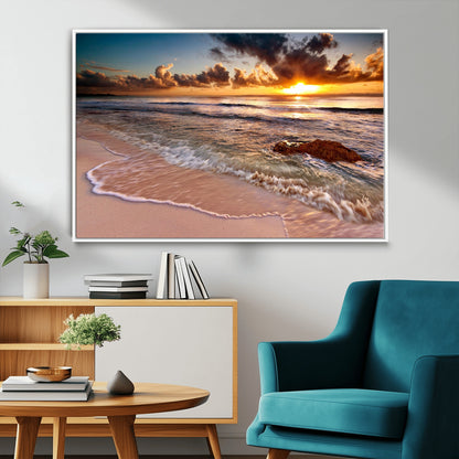 80979-MGV-CV-36X24-Golden Sunrise Beach Wall Art – Ocean Waves and Sandy Shore Canvas Print, Coastal Sunset Photography Artwork for Living Room,