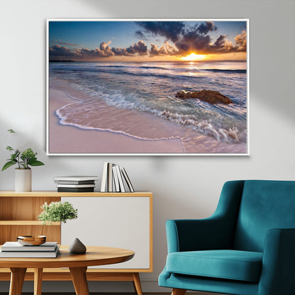 94906-MGV-CV-36X24-Sunrise Beach Wall Art – Panoramic Ocean Waves Canvas Print, Coastal Sunset Seascape Artwork for Living Room, Bedroom, or Office