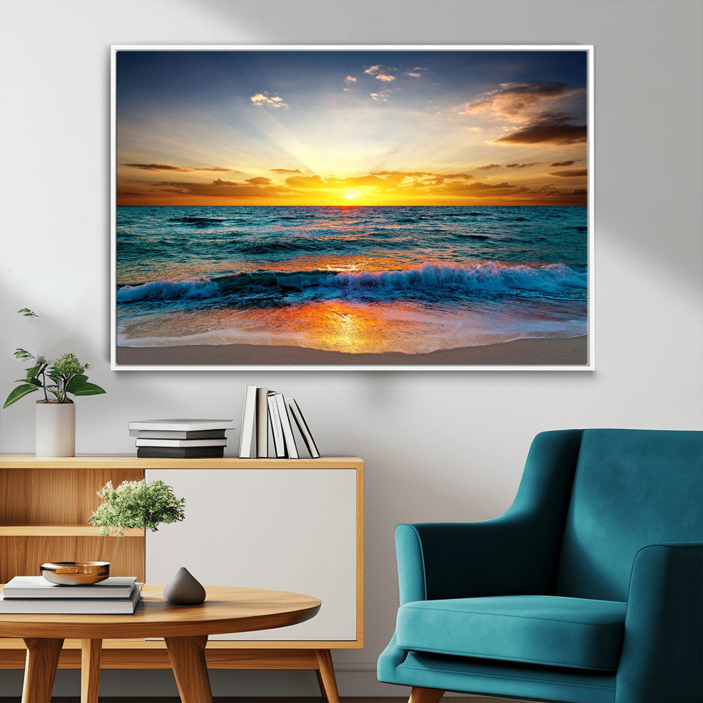 50627-MGV-CV-36X24-Ocean Sunset Wall Art – Serene Beach Canvas Print with Waves and Golden Sky, Coastal Decor for Living Room or Office