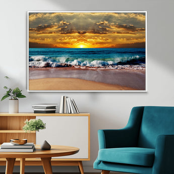 83389-MGV-CV-36X24-Ocean Sunrise Wall Art – Vibrant Beach Waves Canvas Print, Coastal Seascape Decor for Living Room or Office