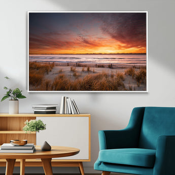 90176-MGV-CV-36X24-Beach Sunset Wall Art – Coastal Sand Dune Canvas Print with Ocean Waves and Dramatic Sky, Seaside Landscape Decor for Living Room