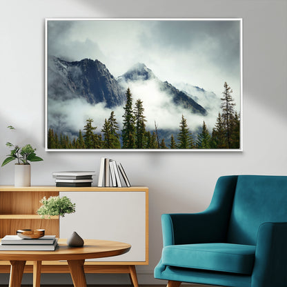 93219-MGV-CV-36X24-Misty Mountain Wall Art – Foggy Pines and Rocky Peaks Canvas Print, Nature Landscape Decor for Living Room, Office or Bedroom
