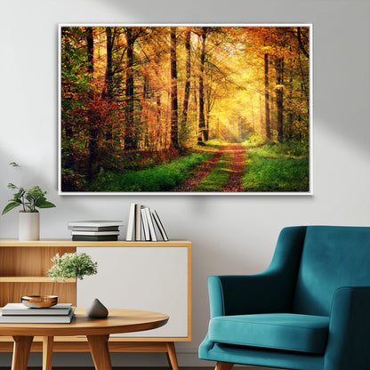 73494-MGV-CV-36X24-Golden Autumn Forest Path Wall Art – Sunlit Woodland Canvas Print, Fall Nature Landscape Home Decoration