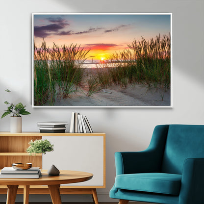25576-MGV-CV-36X24-Beach Grass Sunset Wall Art – Coastal Sand Dune Landscape Canvas Print, Ocean View Nature Decor for Living Room or Office Wall