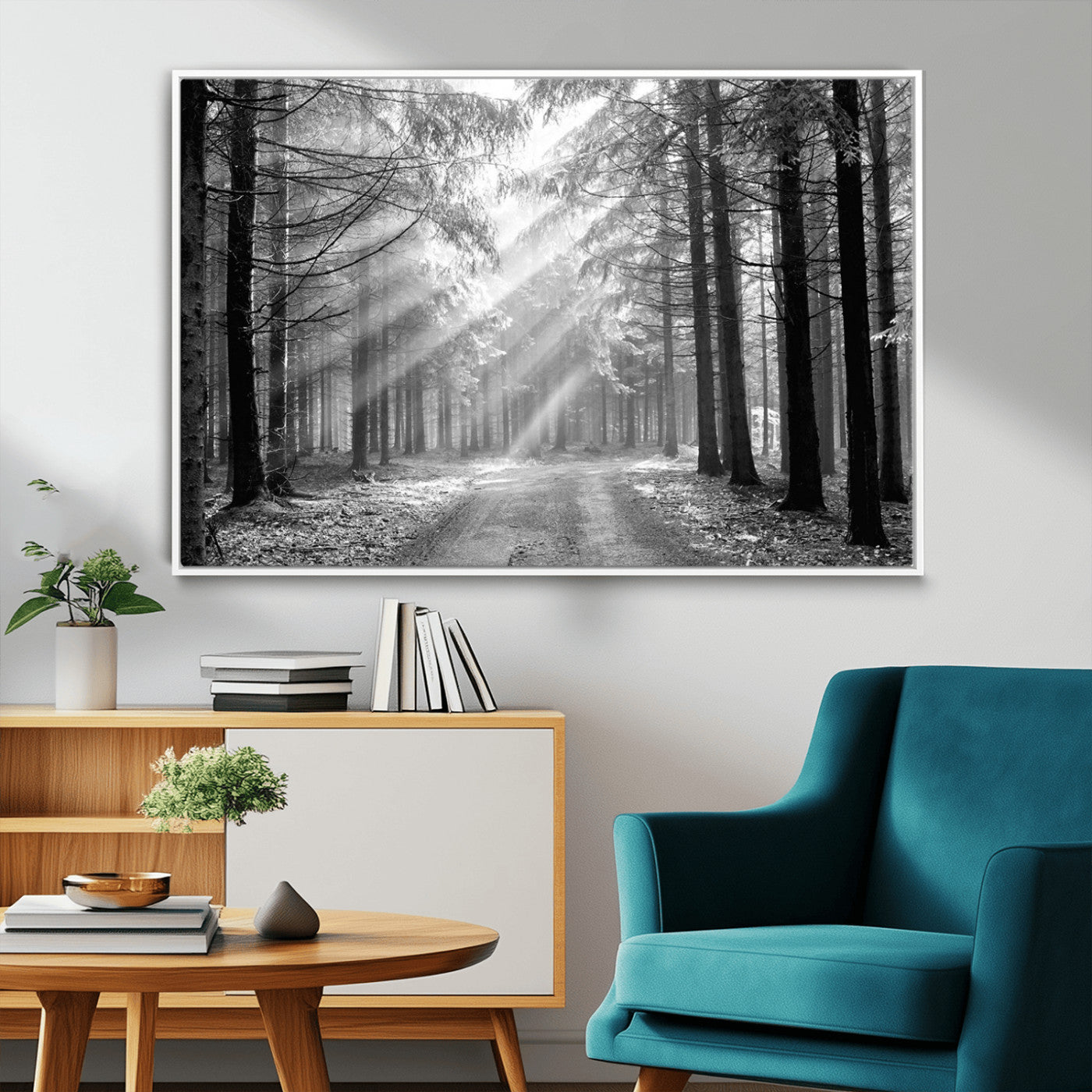 39665-MGV-CV-36X24-Black and White Forest Path Wall Art – Sunlight Rays in Trees Canvas Print, Nature Landscape Decor for Living Room