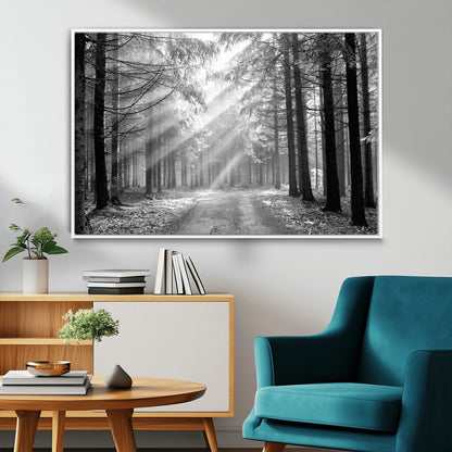 39665-MGV-CV-36X24-Black and White Forest Path Wall Art – Sunlight Rays in Trees Canvas Print, Nature Landscape Decor for Living Room