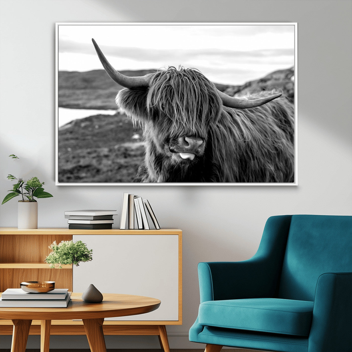 83810-MGV-CV-36X24-Highland Cow Wall Art – Black and White Highland Cattle Print, Rustic Farmhouse Animal Decor for Living Room