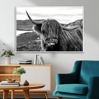 83810-MGV-CV-36X24-Highland Cow Wall Art – Black and White Highland Cattle Print, Rustic Farmhouse Animal Decor for Living Room