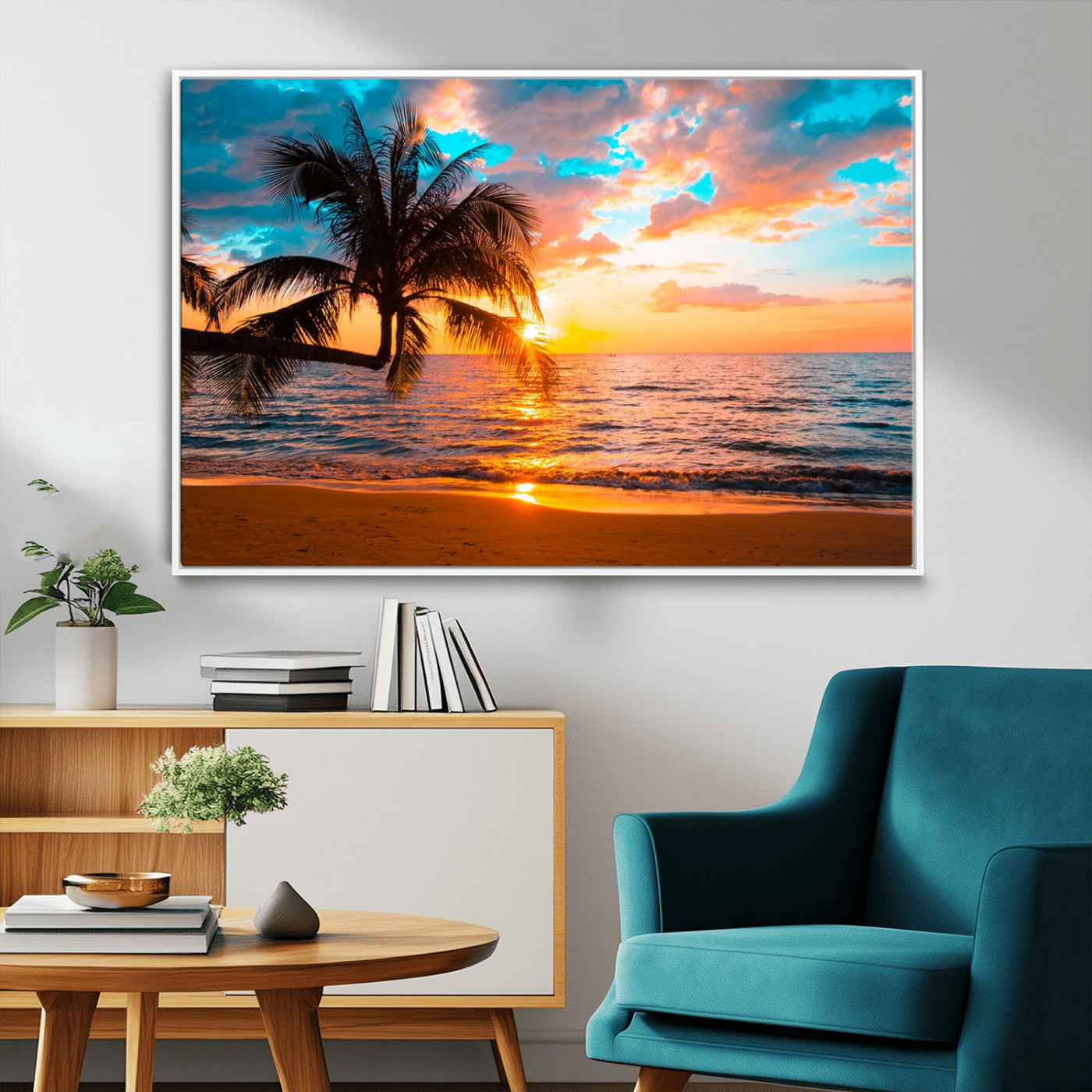 34674-MGV-CV-36X24-Tropical Sunset Beach Wall Art – Palm Tree Ocean Canvas Print, Coastal Seascape Decor for Living Room or Office Wall