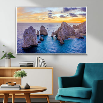 72955-MGV-CV-36X24-Ocean Rock Formation Wall Art – Sunset Coastal Seascape Print, Beach Landscape Decor for Living Room or Office