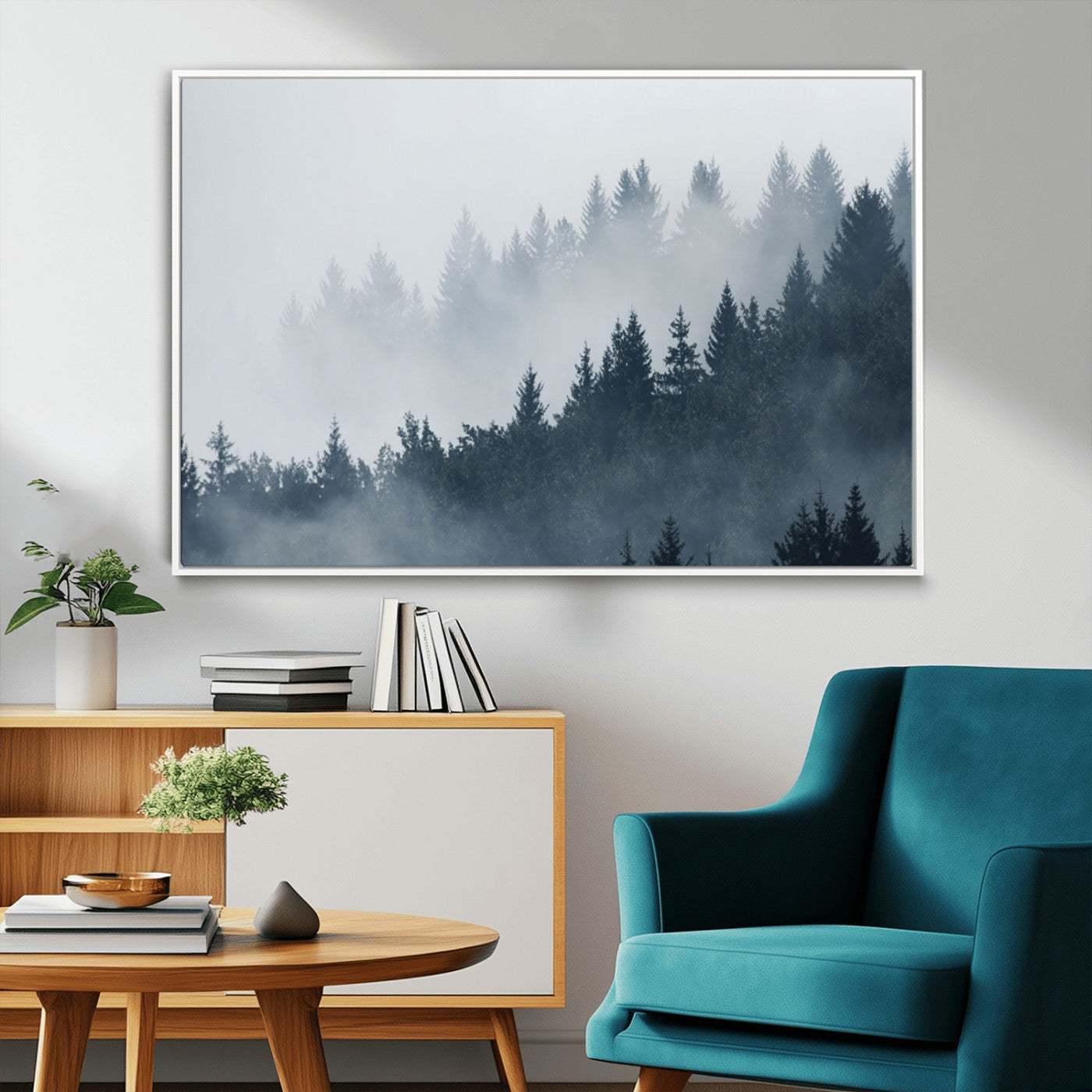 23671-MGV-FC-36X24_White-Misty Forest Wall Art – Serene Foggy Pine Trees Landscape Canvas Print, Tranquil Nature Decor for Living Room, Bedroom or Office