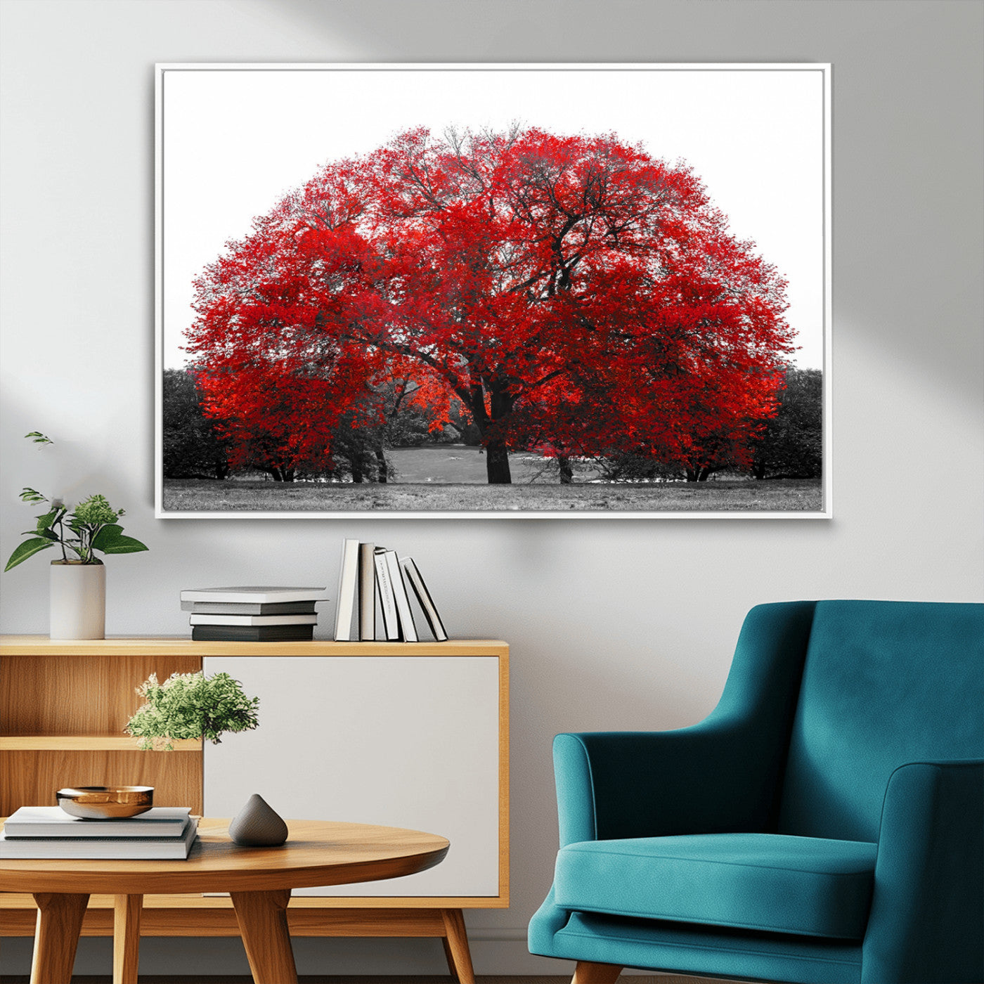 80021-MGV-CV-36X24-Red Tree Wall Art – Striking Black and White Landscape Canvas Print with Vibrant Red Leaves, Modern Nature Decor for Living Room