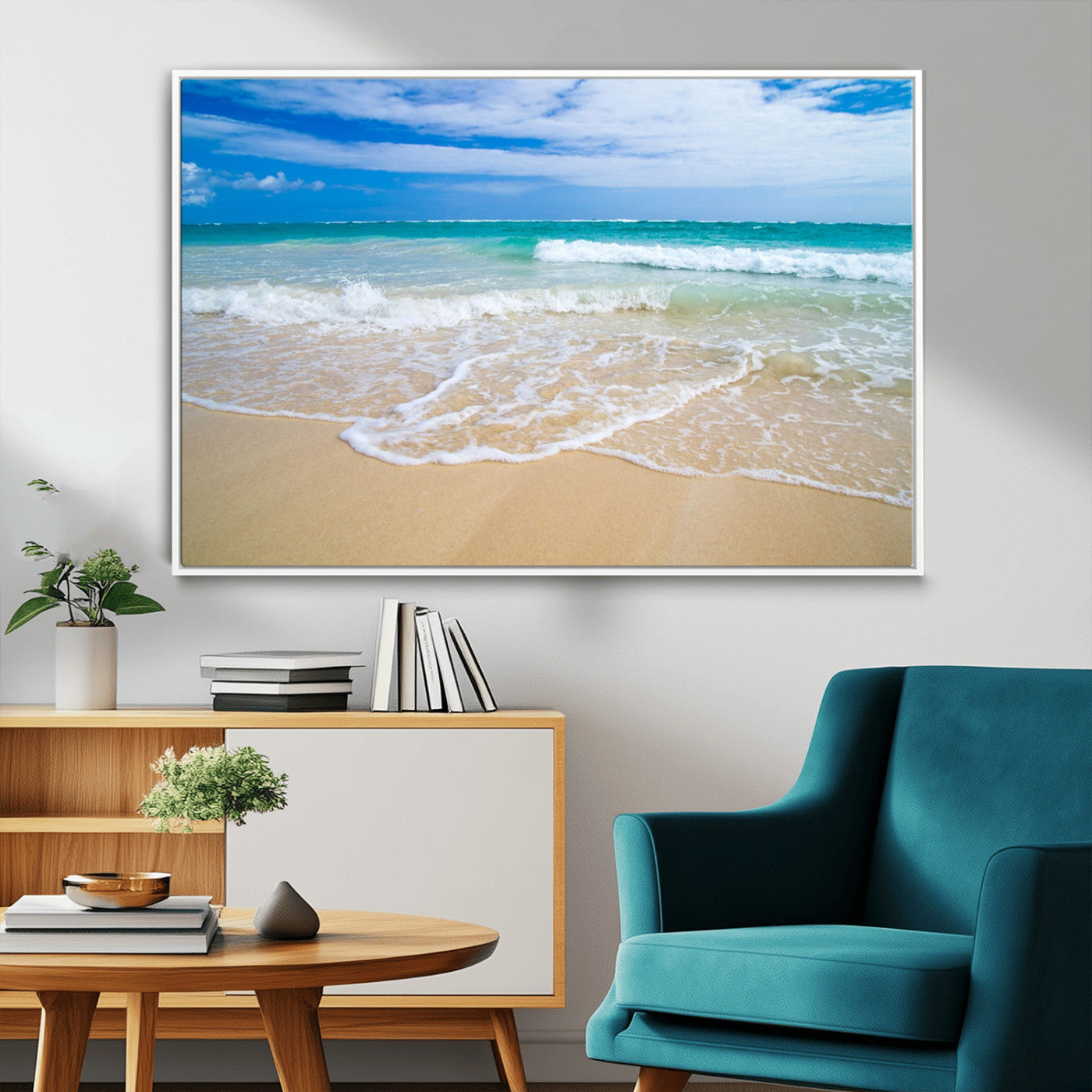 20660-MGV-CV-36X24-Ocean Wave Beach Wall Art – Serene Blue Sea and Sandy Shore Canvas Print, Coastal Landscape Photography Decor for Living Room or