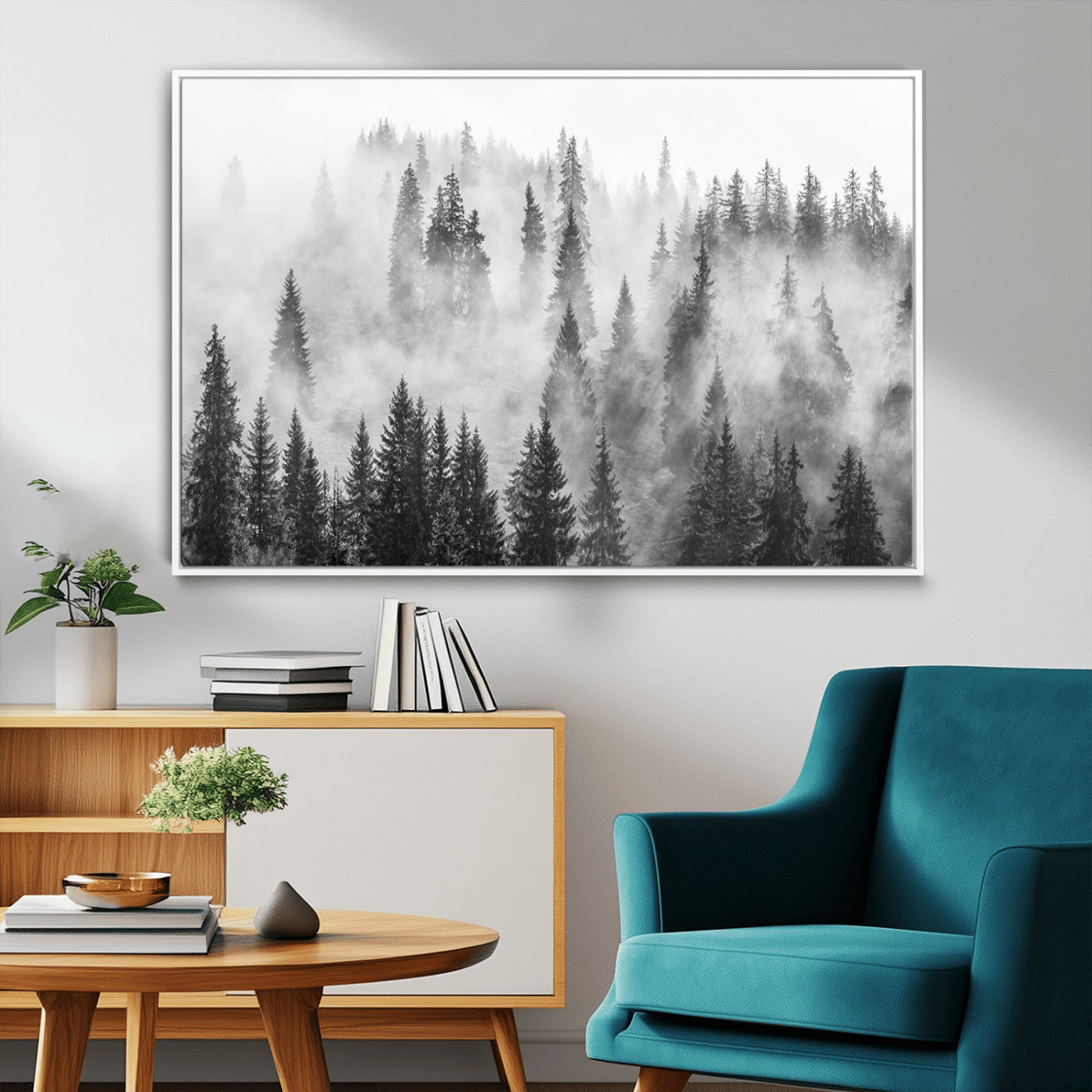 10422-MGV-CV-36X24-Misty Pine Forest Wall Art – Black and White Foggy Landscape Canvas Print, Serene Nature Woodland Decor for Bedroom, Office or