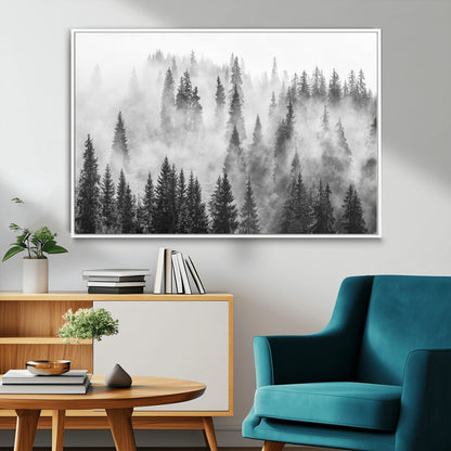 10422-MGV-CV-36X24-Misty Pine Forest Wall Art – Black and White Foggy Landscape Canvas Print, Serene Nature Woodland Decor for Bedroom, Office or