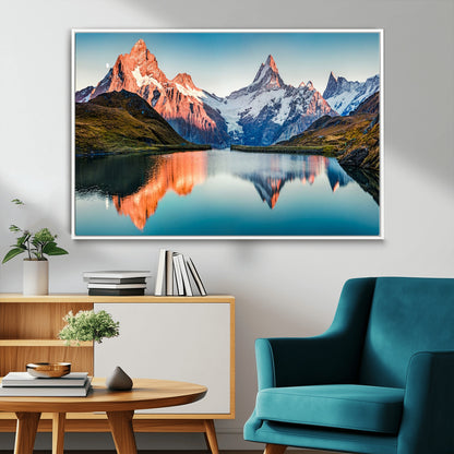 88453-MGV-CV-36X24-Mountain Lake Wall Art – Snow-Capped Peaks Reflected in Alpine Water Canvas Print, Nature Landscape Wall Decor for Living Room or