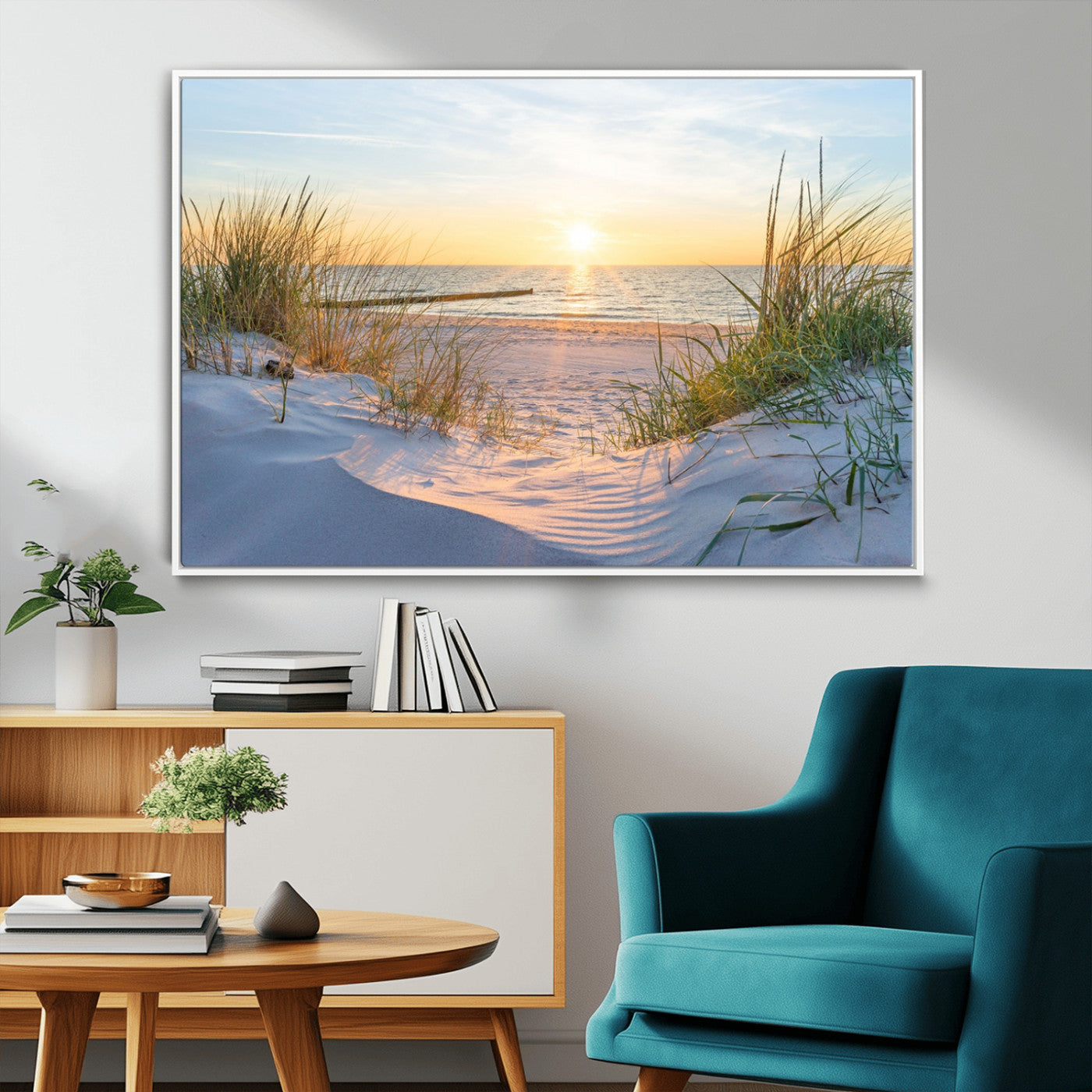 48907-MGV-CV-36X24-Beach Sunset Wall Art – Coastal Sand Dunes and Ocean View Canvas Print, Serene Seaside Landscape Painting for Living Room, Bedroom