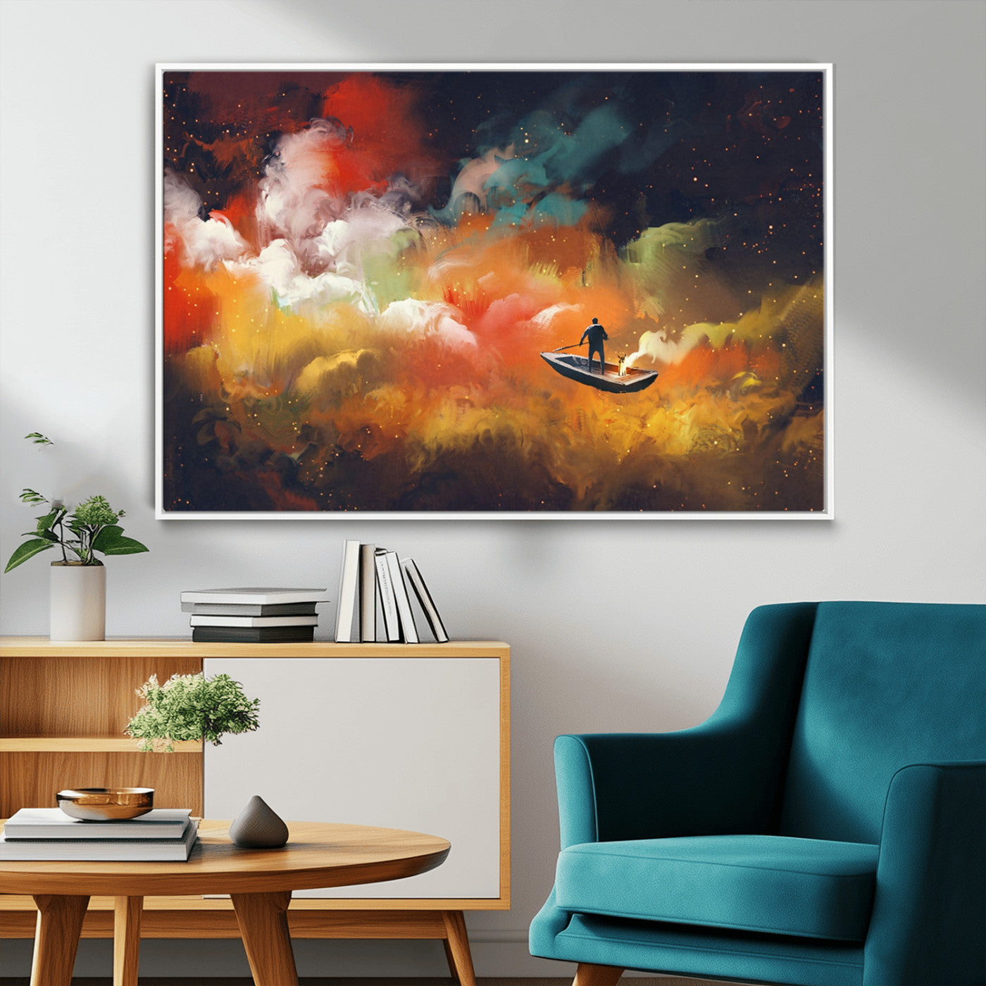 45085-MGV-CV-36X24-Surreal Cosmic Wall Art – Abstract Galaxy Dreamscape Canvas Print with Man and Dog in Boat, Fantasy Nebula Painting for Living