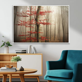 61855-MGV-FC-36X24_White-Misty Forest Wall Art – Red Tree with Autumn Leaves Canvas Print, Moody Woodland Nature Decor for Living Room, Bedroom, or Office
