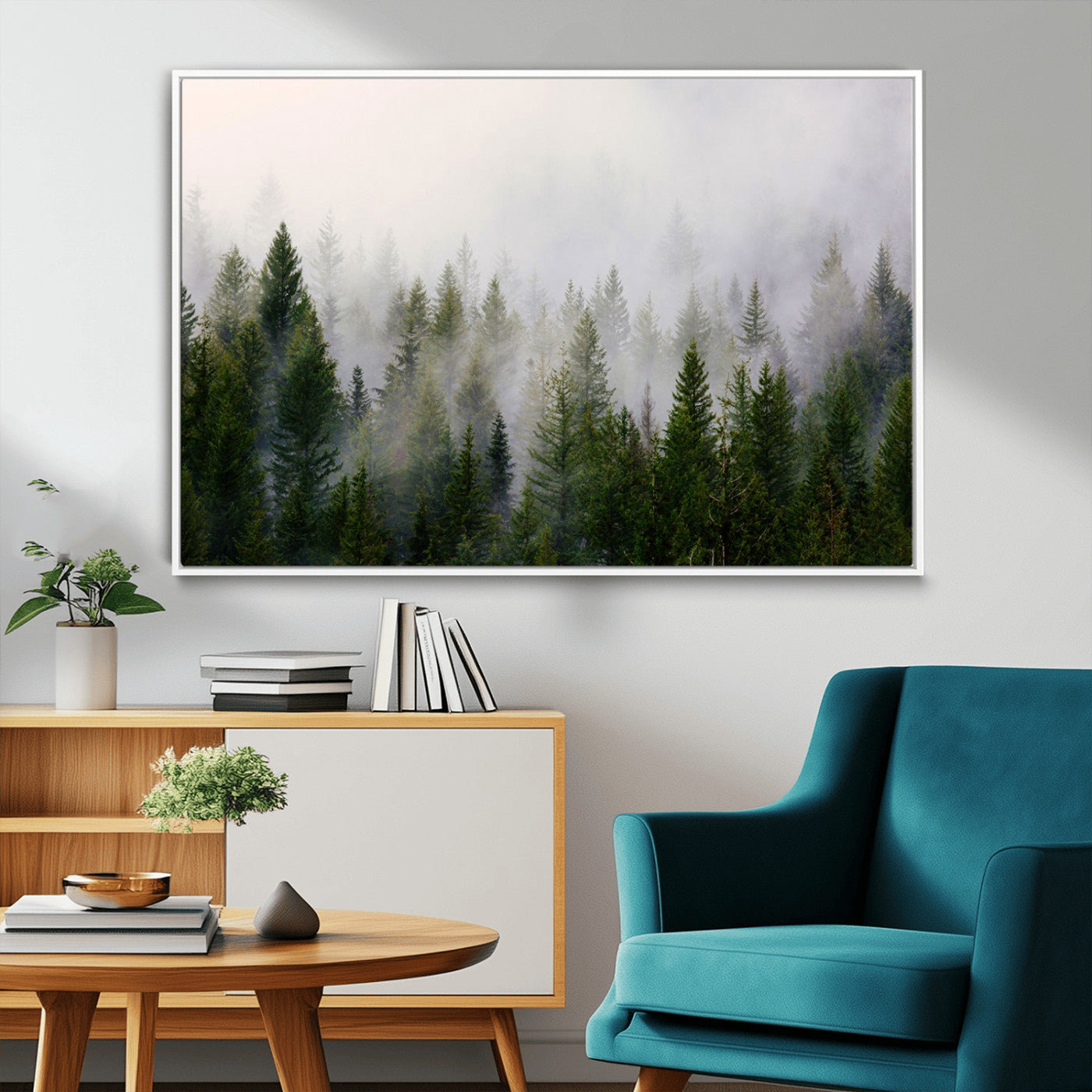 11436-MGV-CV-36X24-Misty Forest Wall Art – Tranquil Evergreen Tree Canvas Print with Foggy Landscape, Nature Inspired Artwork for Bedroom, Living
