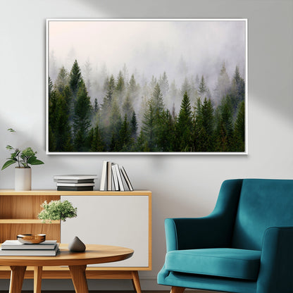 11436-MGV-CV-36X24-Misty Forest Wall Art – Tranquil Evergreen Tree Canvas Print with Foggy Landscape, Nature Inspired Artwork for Bedroom, Living