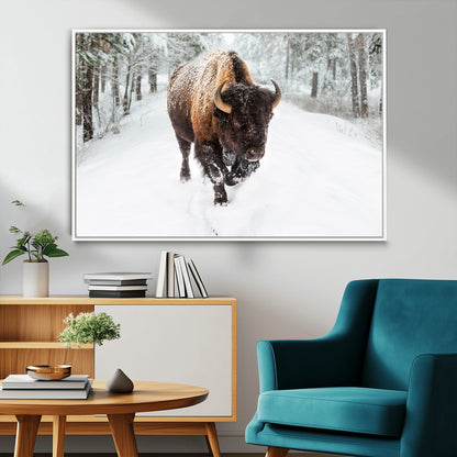 84699-MGV-CV-36X24-Bison in Winter Wall Art – Majestic Buffalo Canvas Print with Snowy Forest Landscape, Rustic Wildlife Artwork for Cabin, Living