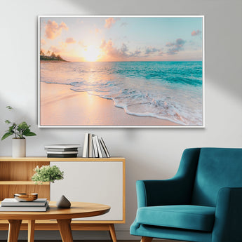 89767-MGV-FC-36X24_White-Ocean Sunset Wall Art – Serene Beach Canvas Print with Pastel Sky and Waves, Coastal Seascape Artwork for Bedroom, Living Room, or
