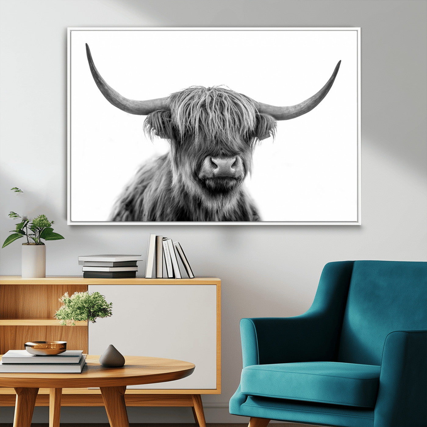10123-MGV-CV-36X24-Black and White Highland Cow Wall Art – Modern Farmhouse Animal Print, Rustic Scottish Bull Canvas Decor for Living Room, Bedroom,