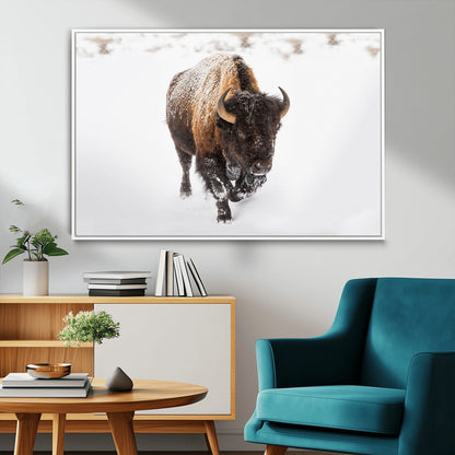 19889-MGV-CV-36X24-Snow Bison Wall Art – Majestic Buffalo Winter Landscape Canvas Print, Rustic Wildlife Photography Decor for Cabin, Lodge, Living