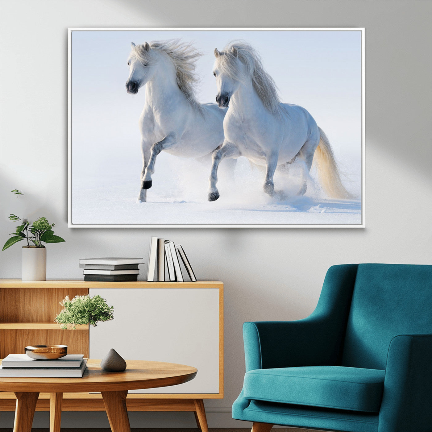 80145-MGV-CV-36X24-White Horses Running Snow Wall Art – Majestic Equine Canvas Print, Winter Nature Photography Decor for Living Room, Office,