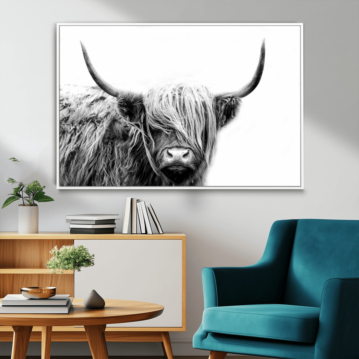 51957-MGV-CV-36X24-Highland Cow Wall Art – Black and White Scottish Highland Bull Canvas Print, Rustic Farmhouse Animal Decor for Living Room,
