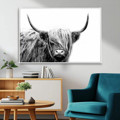 51957-MGV-CV-36X24-Highland Cow Wall Art – Black and White Scottish Highland Bull Canvas Print, Rustic Farmhouse Animal Decor for Living Room,