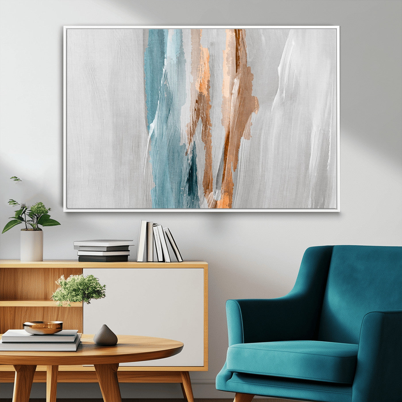 66154-MGV-CV-36X24-Abstract Brushstroke Wall Art – Modern Teal and Gold Canvas Print, Minimalist Contemporary Painting for Living Room, Bedroom, or