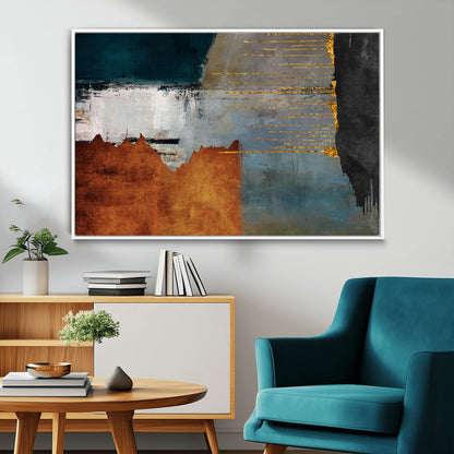 35026-MGV-CV-36X24-Abstract Canvas Wall Art – Modern Teal, Rust, Black and Gold Textured Painting, Contemporary Decor for Living Room, Bedroom