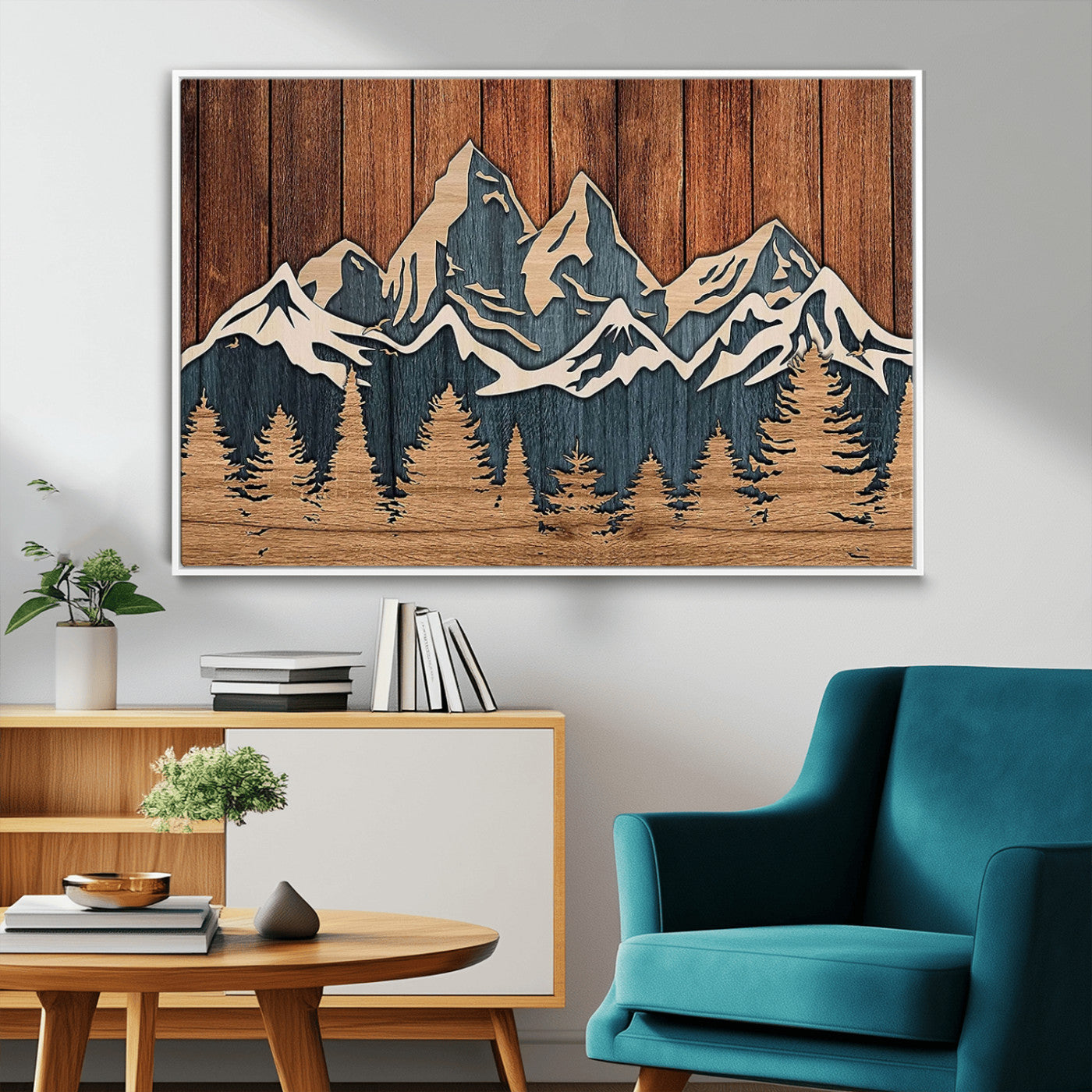 41330-MGV-CV-36X24-Rustic Mountain Wall Art – Wooden Nature Scene with Trees and Peaks, Handmade 3D Layered Decor for Living Room, Cabin or Office