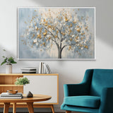 65811-MGV-CV-36X24-Abstract Tree Wall Art – Textured Canvas Painting with Gold and White Leaves, Modern Nature Inspired Decor for Living Room or